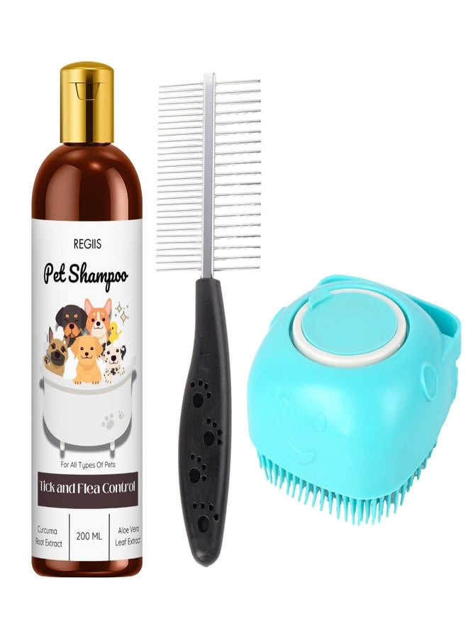 شامبو ريجيس للحيوانات الأليفة مع مكافحة القراد والبراغيث، ومستخلص جذر الكركم والصبار، 200 مل، مع مجموعة فرشاة ومشط للعناية (عبوة من 3 قطع) - Image 1